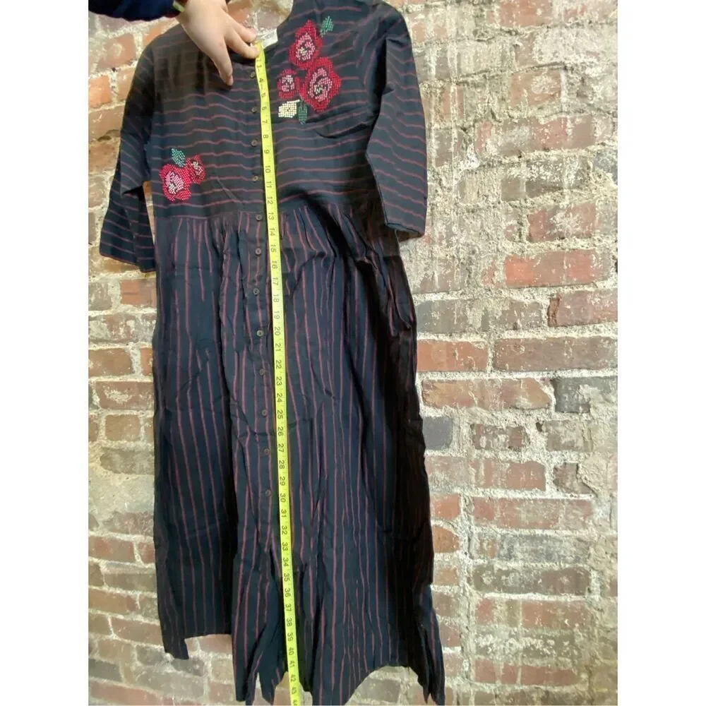 Bombay Paisley Dark Blue Red Stripe Floral Embroidered Button Down 3/4 Sleeve Mi - Picture 6 of 16